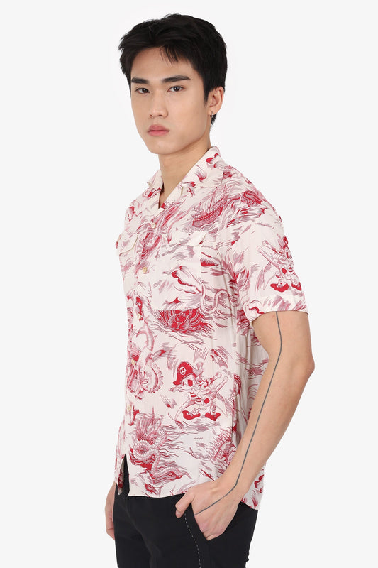 Gucci X Disney Cream/Red Dragon Printed Shirt Sleeve Shirt Size 44 Mens