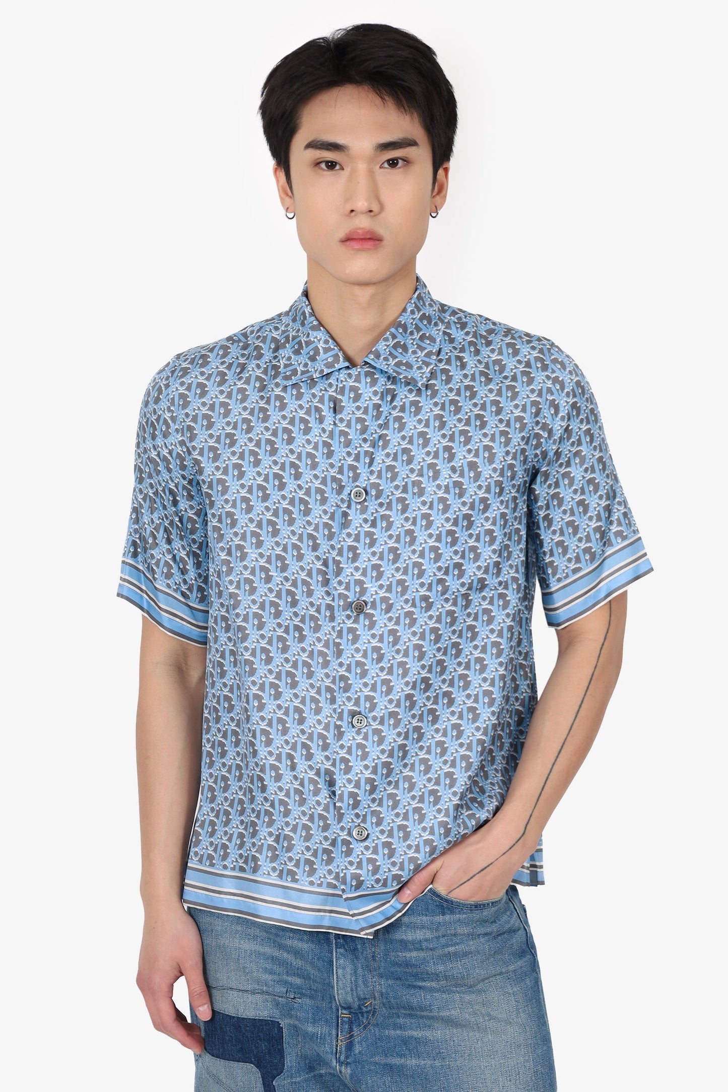 Dior Grey/Blue Silk Oblique Printed Short Sleeve Shirt Size 37 Mens