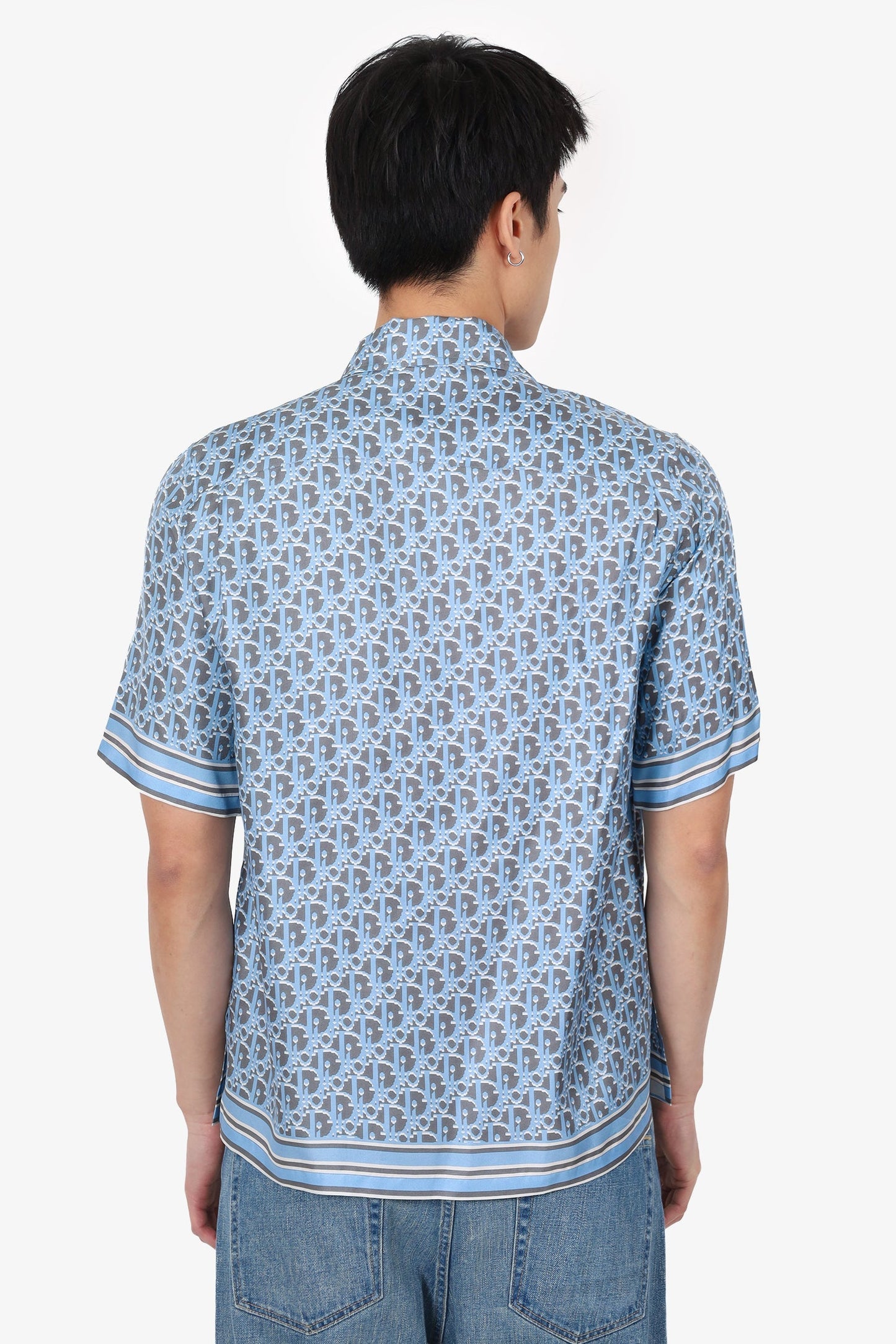Dior Grey/Blue Silk Oblique Printed Short Sleeve Shirt Size 37 Mens