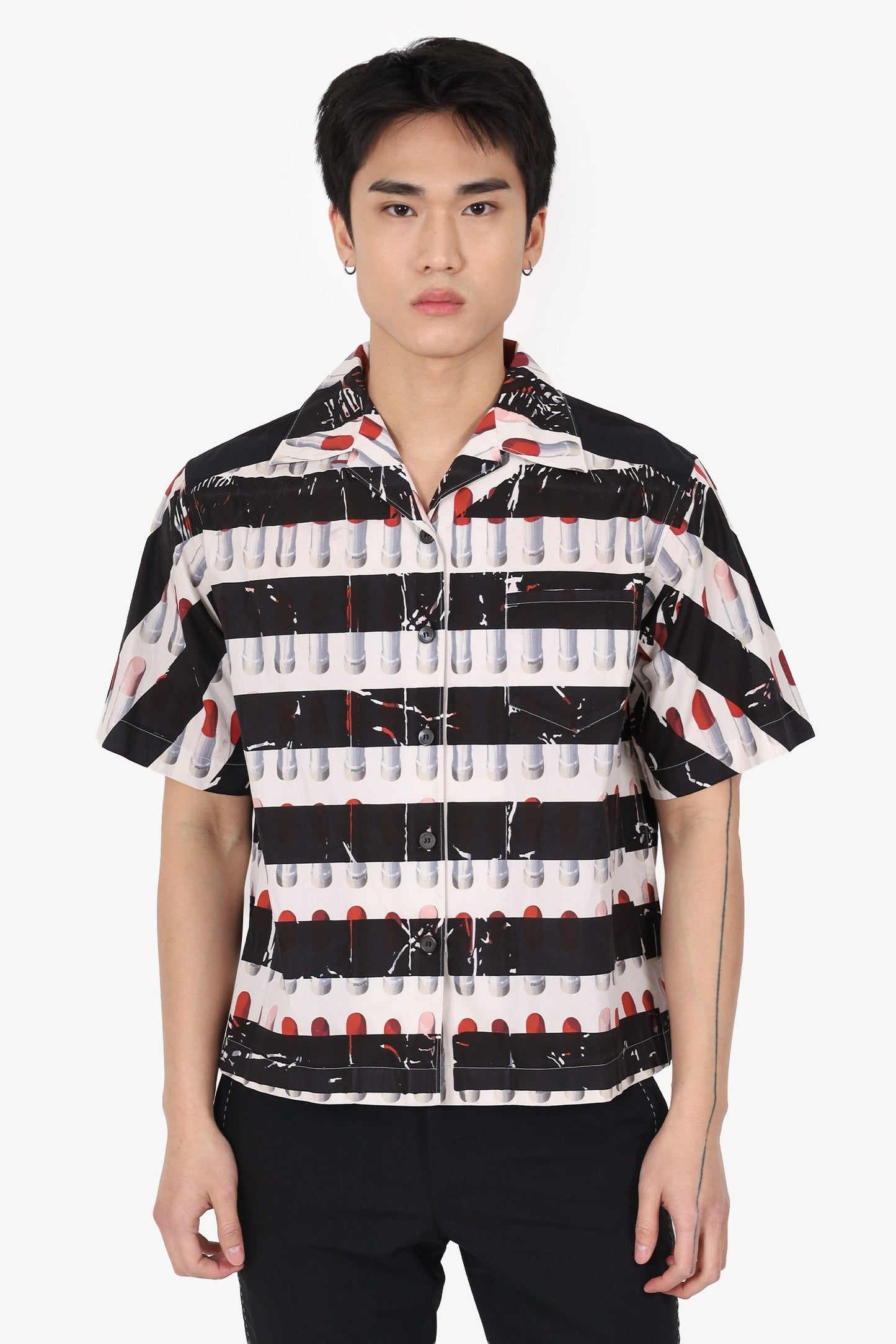Prada Black/Pink Lipstick Print Short Sleeve Shirt Size 38
