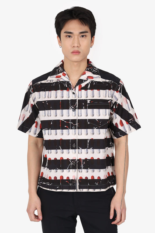 Prada Black/Pink Lipstick Print Short Sleeve Shirt Size 38