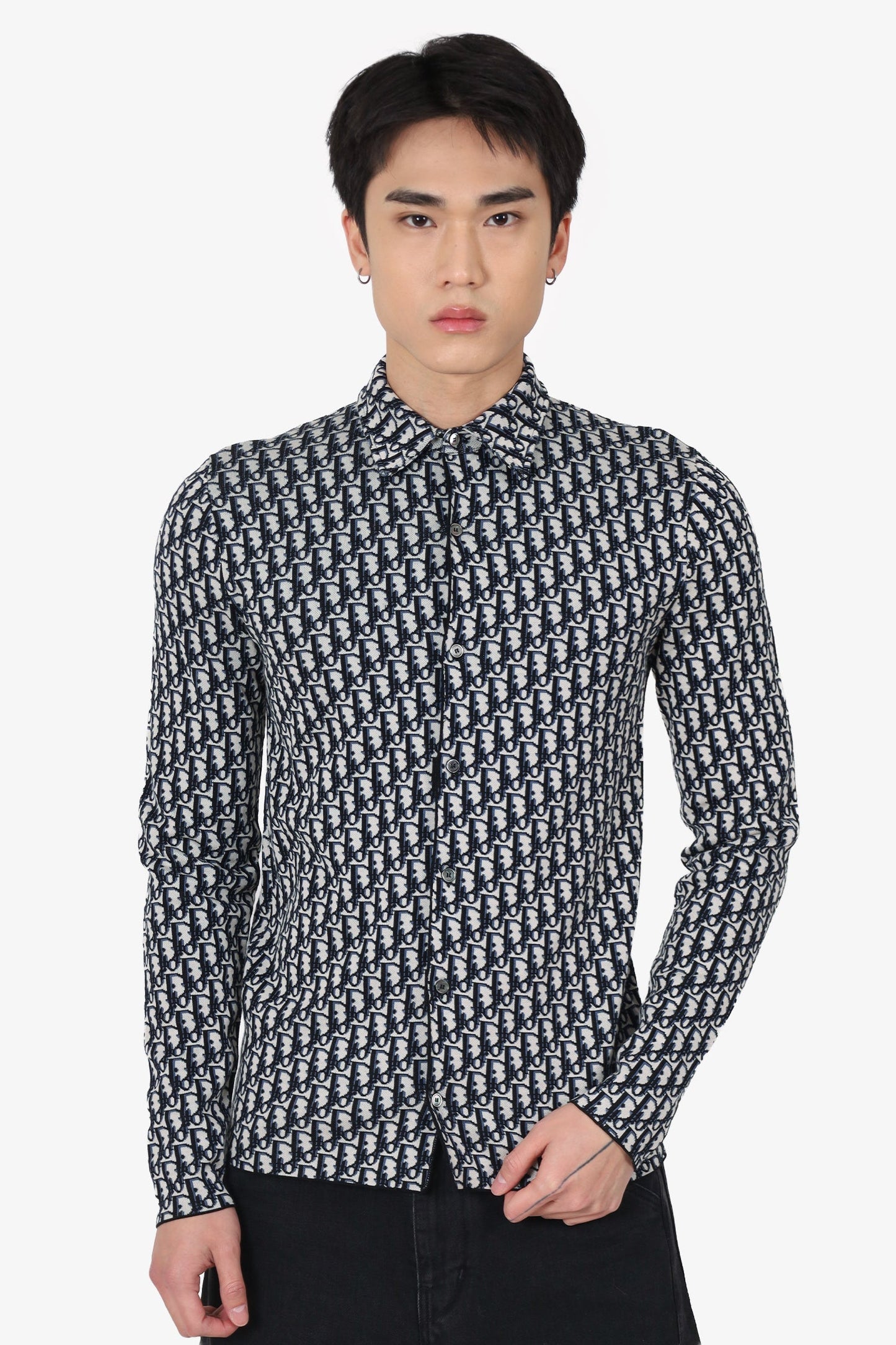 Dior Cream/Navy Knit Oblique Monogram Long Sleeve Button Down Shirt Size XXS Mens