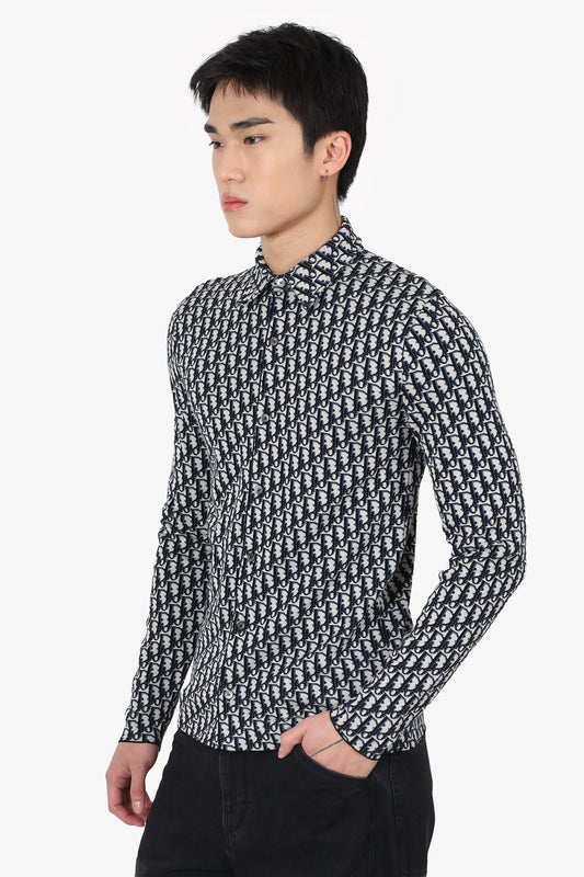 Dior Cream/Navy Knit Oblique Monogram Long Sleeve Button Down Shirt Size XXS Mens