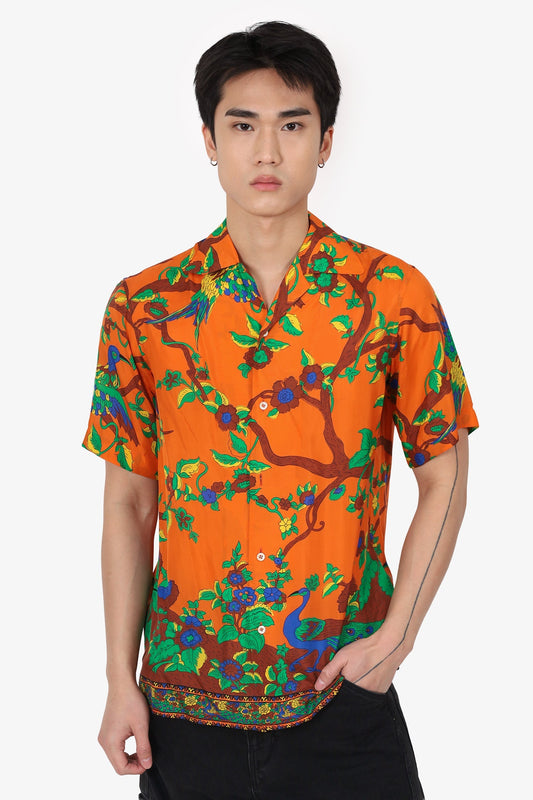 Gucci Orange/Green SilkFloral Print Button Down Short Sleeve Shirt Size 44 Mens