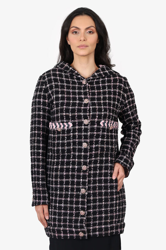 Chanel™ 24S Black/Pink Tweed Coat With Hood Size 42