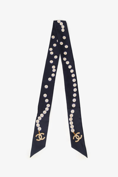 Chanel™ Navy Silk Pearl Print Twilly