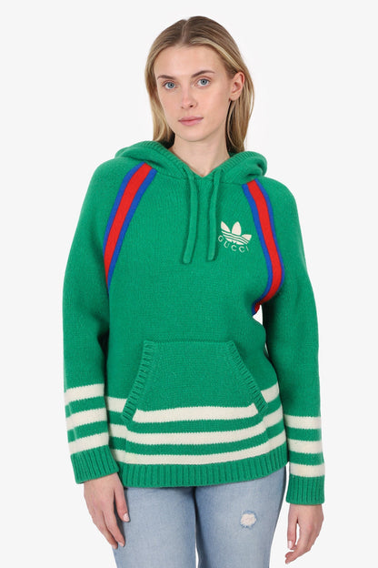Gucci x Adidas Green Wool Knit Hooded Sweater Size L