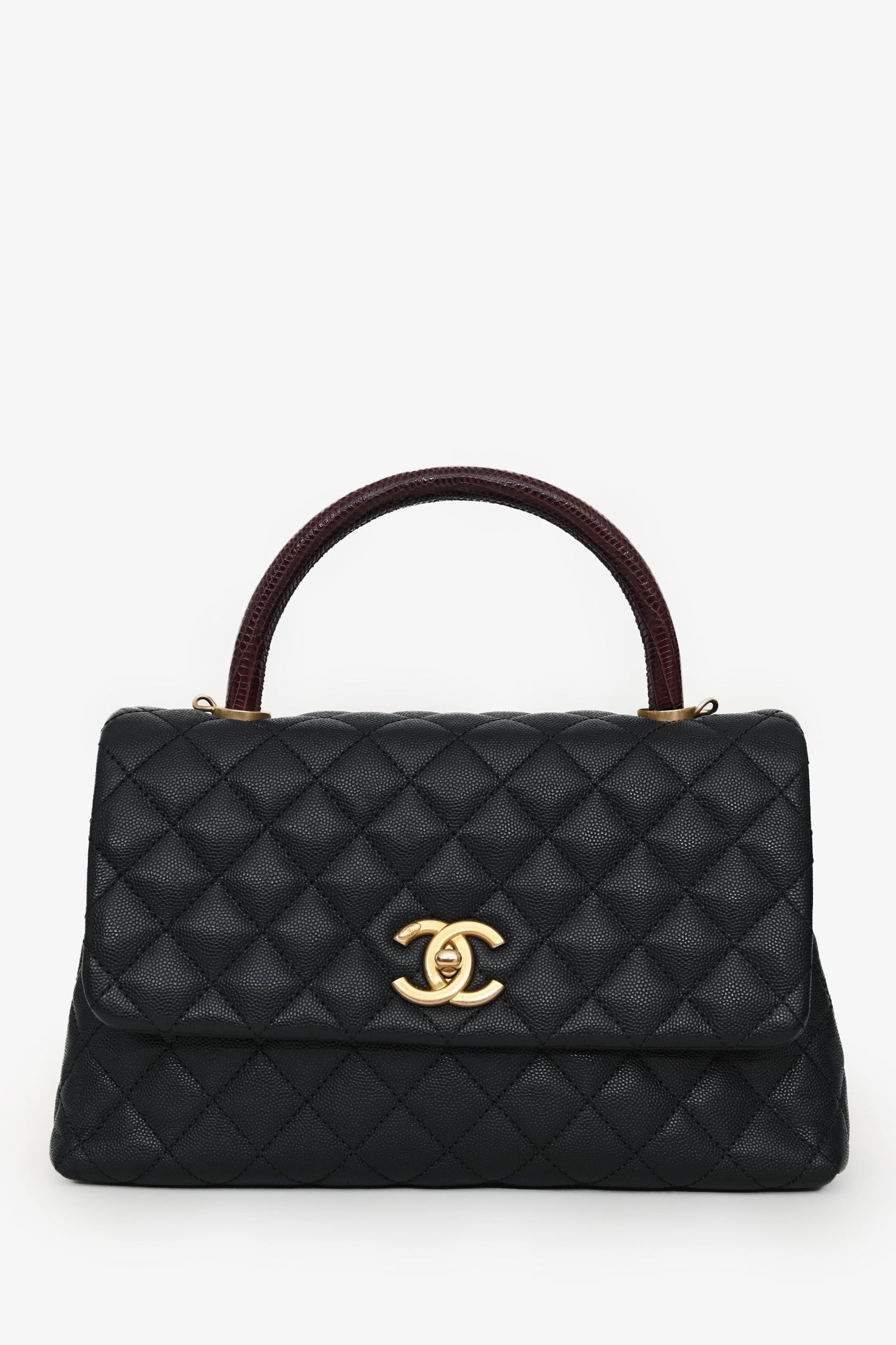Chanel™ 2017/18 Black Caviar Lizard Medium Coco Top Handle Bag Gold Hardware