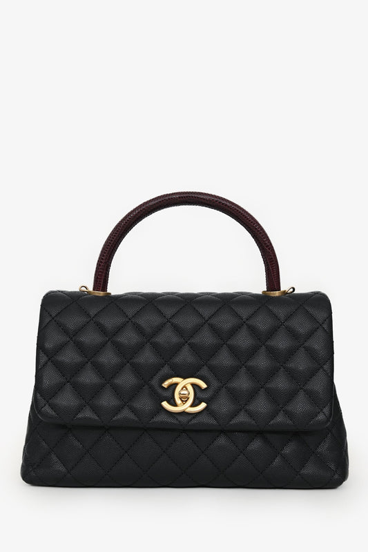 Chanel™ 2017/18 Black Caviar Lizard Medium Coco Top Handle Bag Gold Hardware