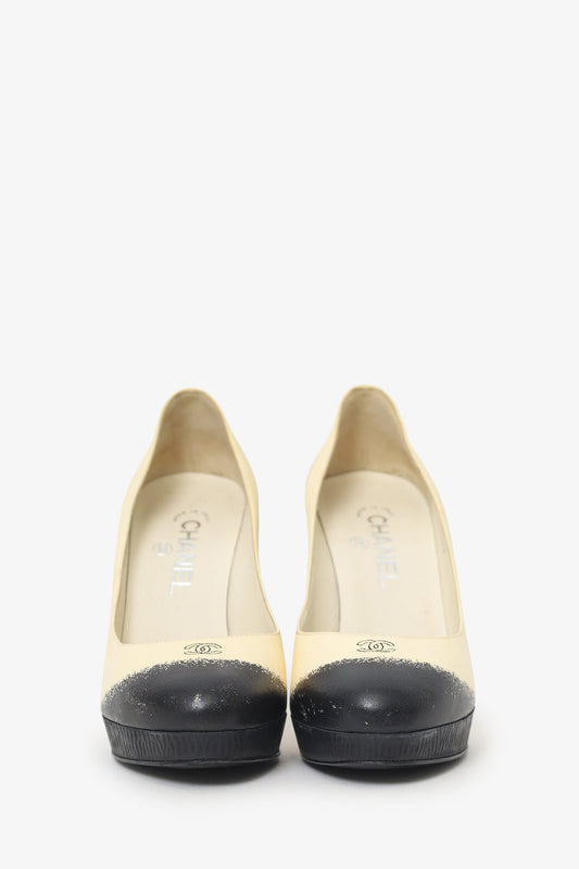 Chanel™ Beige/Black Leather CC Platform Pumps Size 38.5