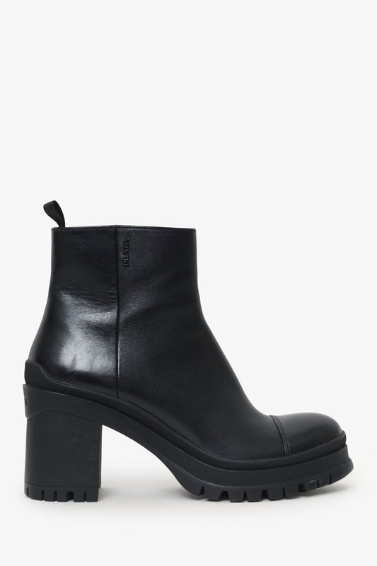 Prada Black Leather Chunky Block Heel Boots Size 36