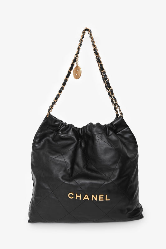 Chanel™ Black Lambskin Leather 22 Small Hobo Shoulder Bag GHW