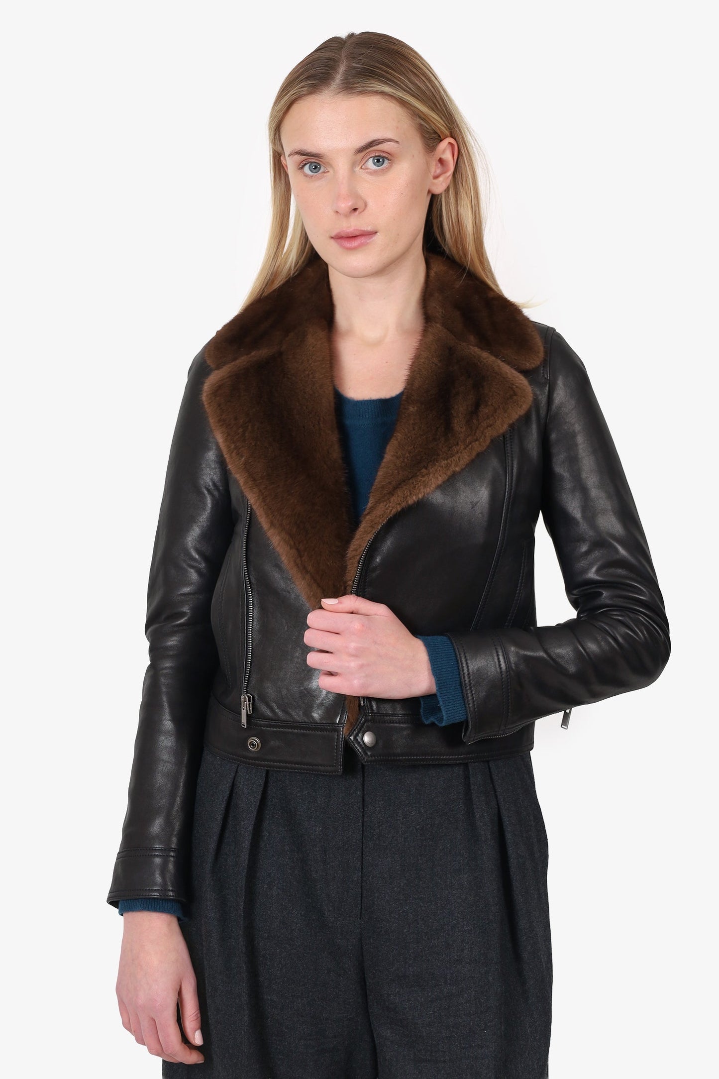 Saint Laurent 2018 Brown/Black Lambskin Leather/Mink Biker Jacket Size 34