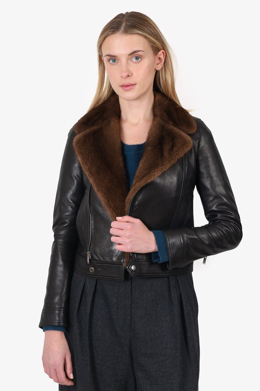 Saint Laurent 2018 Brown/Black Lambskin Leather/Mink Biker Jacket Size 34