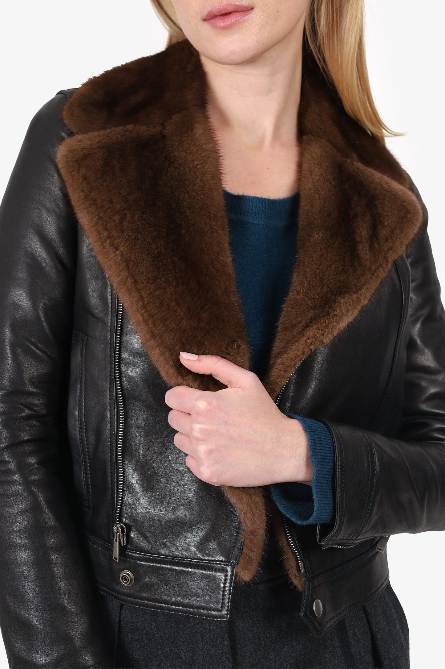 Saint Laurent 2018 Brown/Black Lambskin Leather/Mink Biker Jacket Size 34