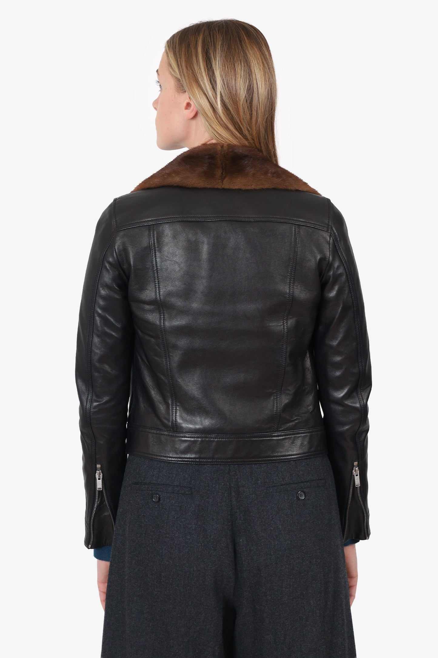 Saint Laurent 2018 Brown/Black Lambskin Leather/Mink Biker Jacket Size 34