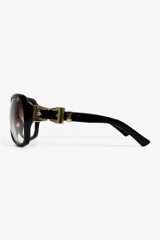 Gucci Black Gold Tone Buckle Detail Oversized Sunglasses
