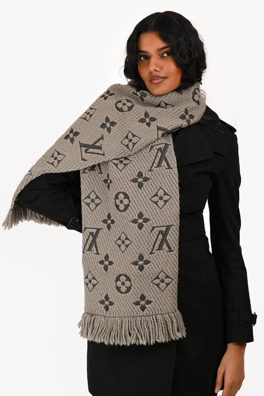 Louis Vuitton Taupe Monogram Wool/Silk Fringe Narrow Scarf