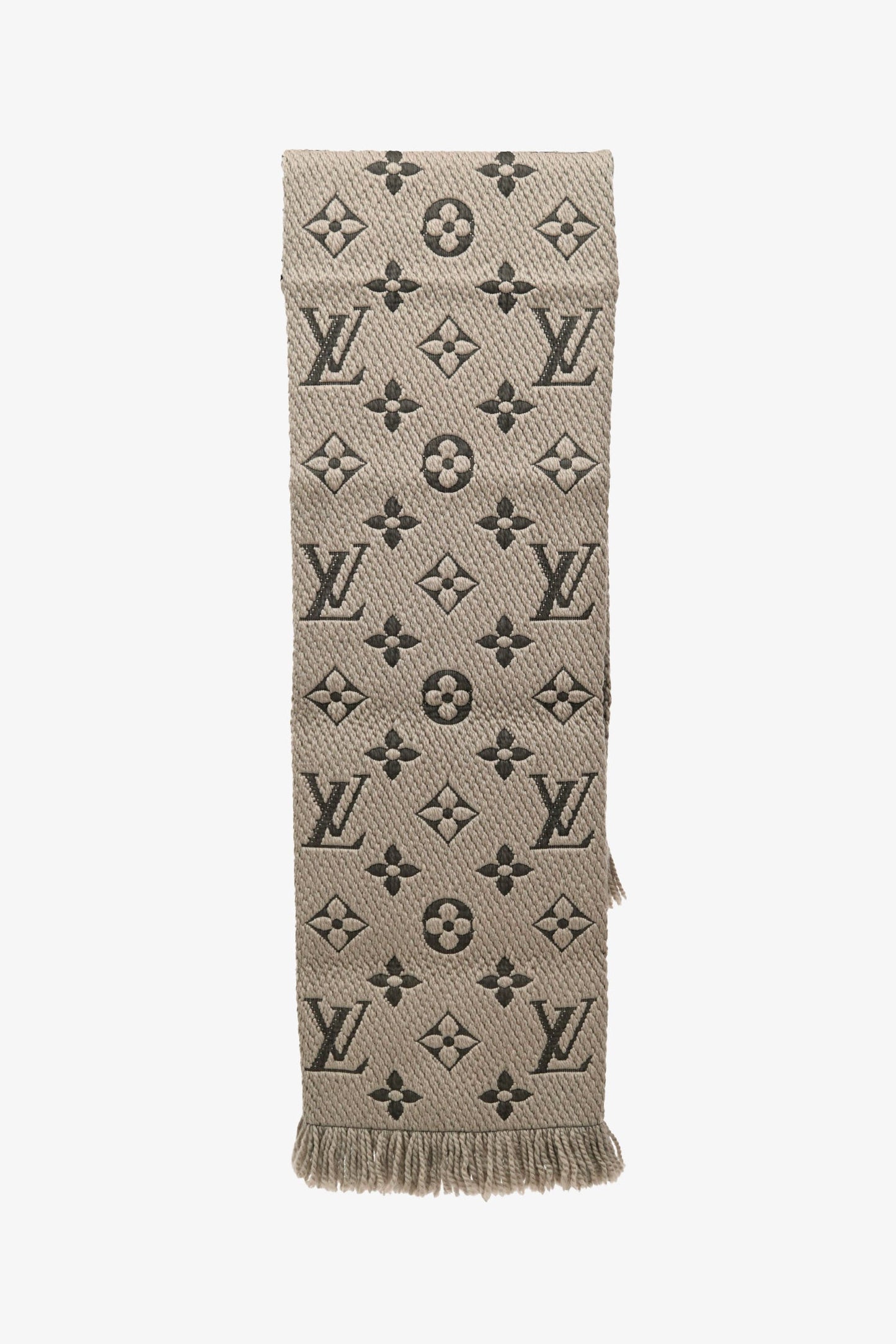 Louis Vuitton Taupe Monogram Wool/Silk Fringe Narrow Scarf