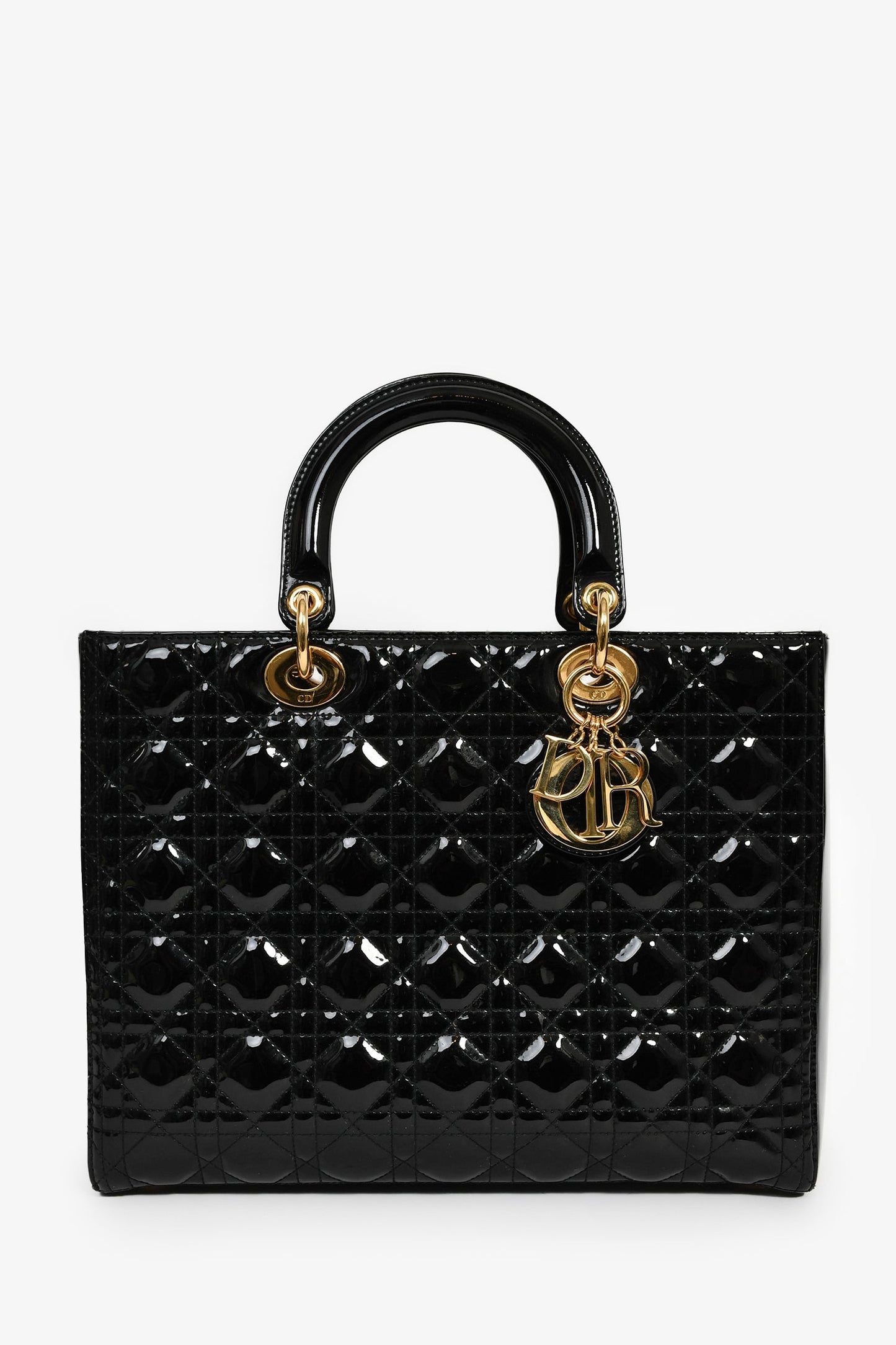 Christian Dior 2015 Black Patent Leather Large Lady Dior with Strap