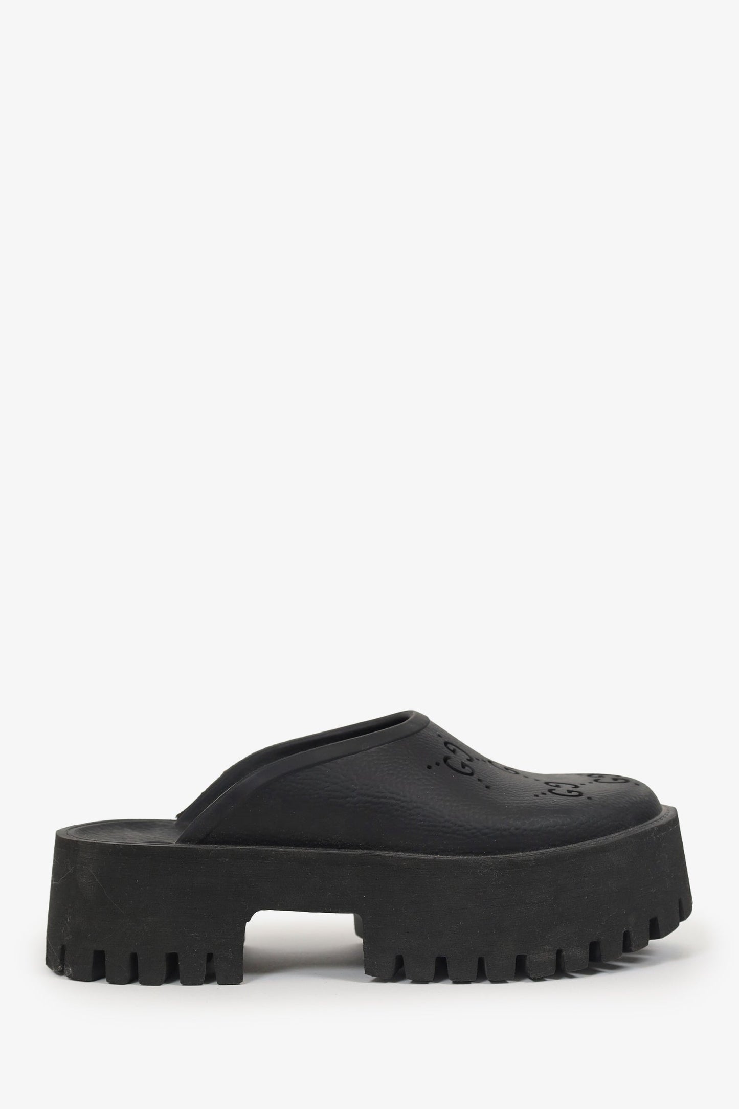 Gucci Black Rubber Perforated 'GG' Chunky Mules Size 38
