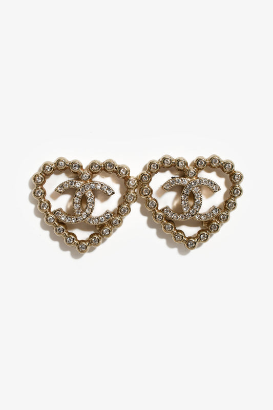 Chanel™ 2025 Silver Toned Crystal Heart CC Stud Earrings