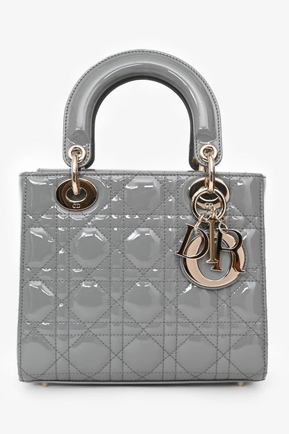 Christian Dior 2021 Grey Patent Leather Small Lady Dior Top Handle With Strap
