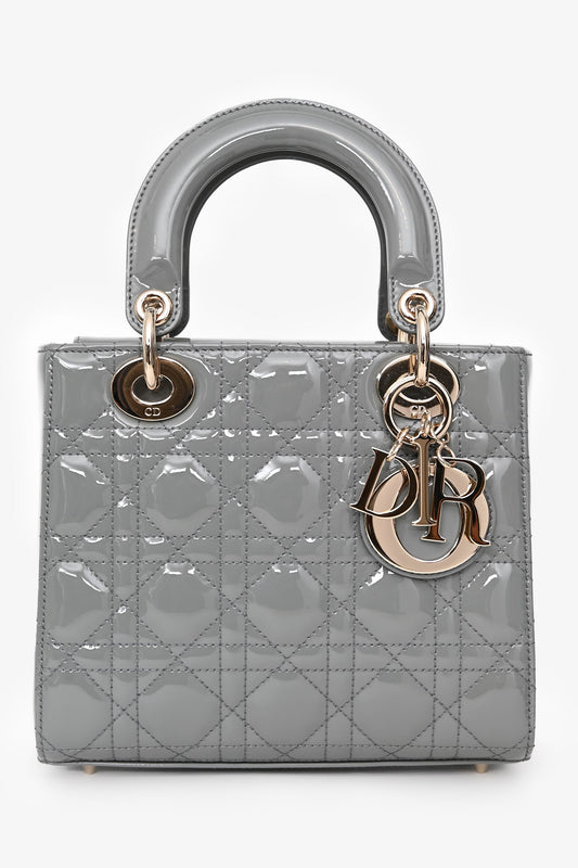 Christian Dior 2021 Grey Patent Leather Small Lady Dior Top Handle With Strap