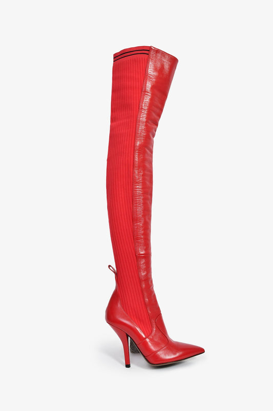 Fendi Red Leather/Knit Over The Knee 'Rockoko' Heeled Boots Size 37