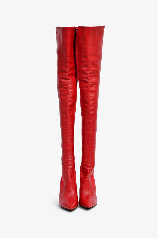 Fendi Red Leather/Knit Over The Knee 'Rockoko' Heeled Boots Size 37