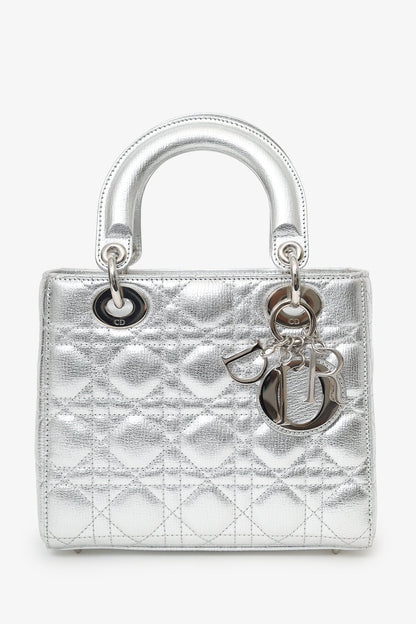 Christian Dior 2017 Silver Metallic Leather Cannage Small Lady Dior With Strap