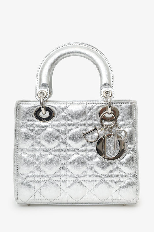 Christian Dior 2017 Silver Metallic Leather Cannage Small Lady Dior With Strap