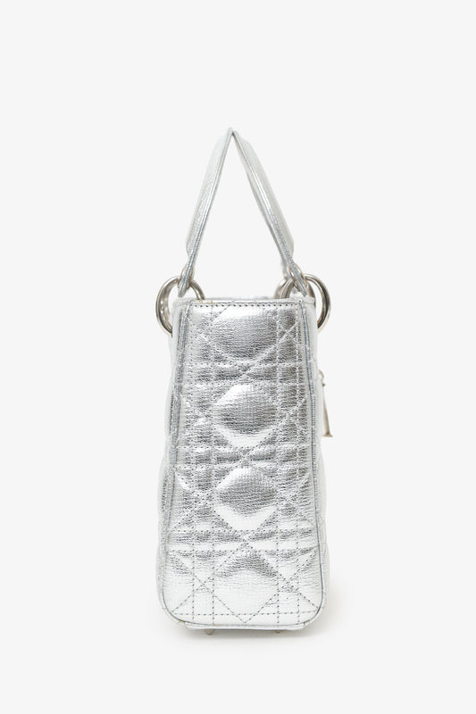 Christian Dior 2017 Silver Metallic Leather Cannage Small Lady Dior With Strap