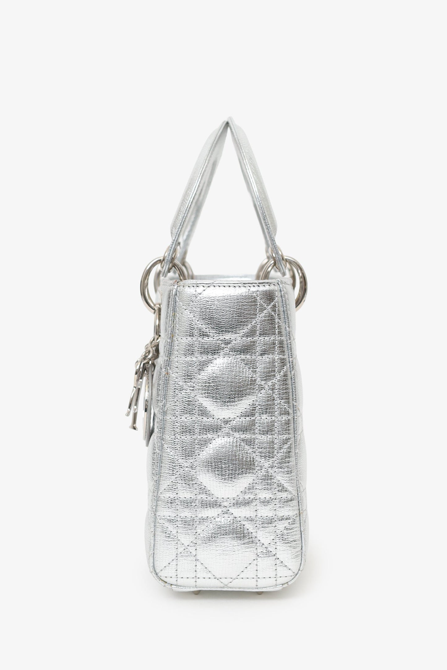 Christian Dior 2017 Silver Metallic Leather Cannage Small Lady Dior With Strap