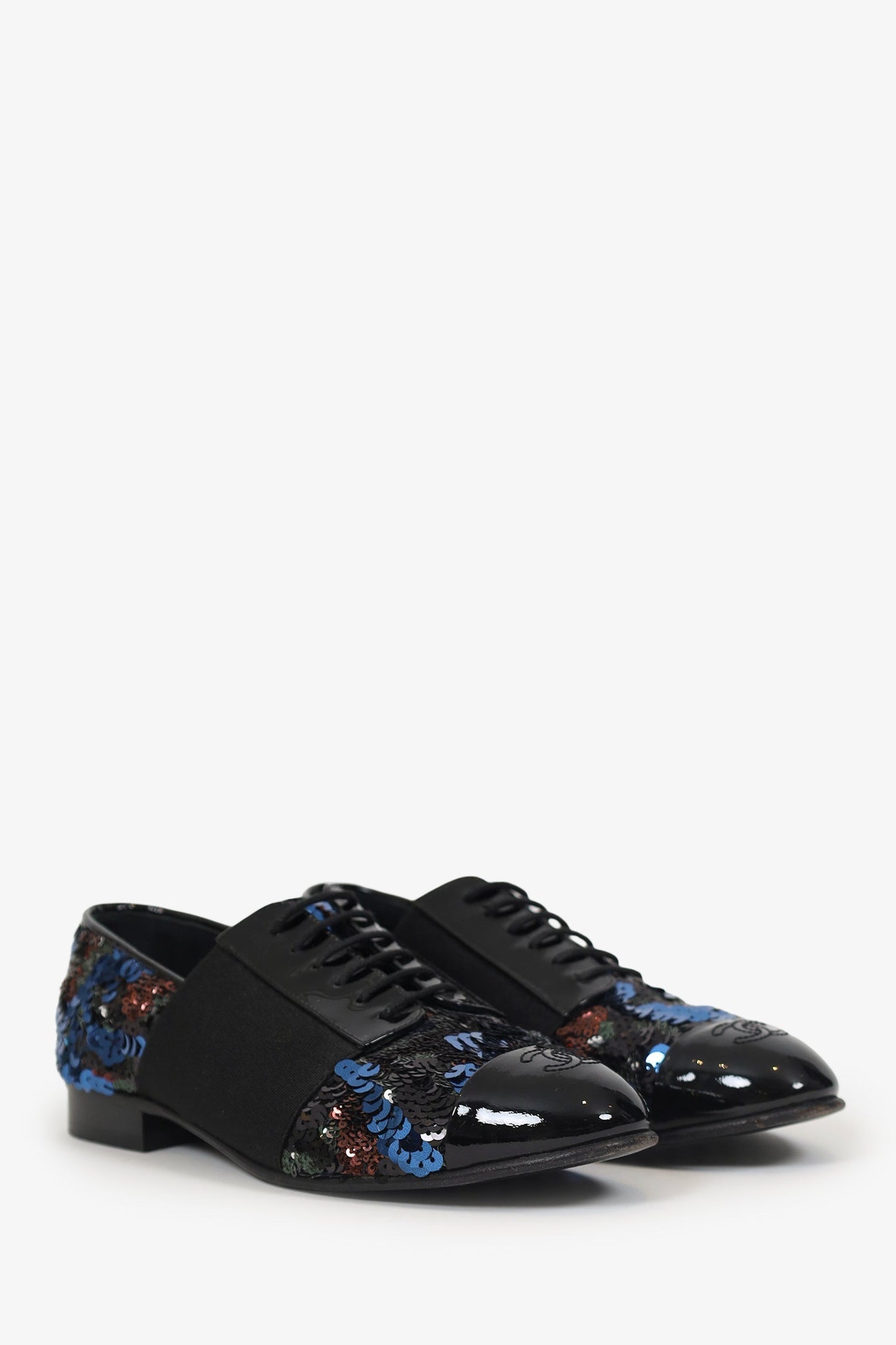 Chanel™ Patent Leather/Sequin Cap Toe Brogues Size 37.5