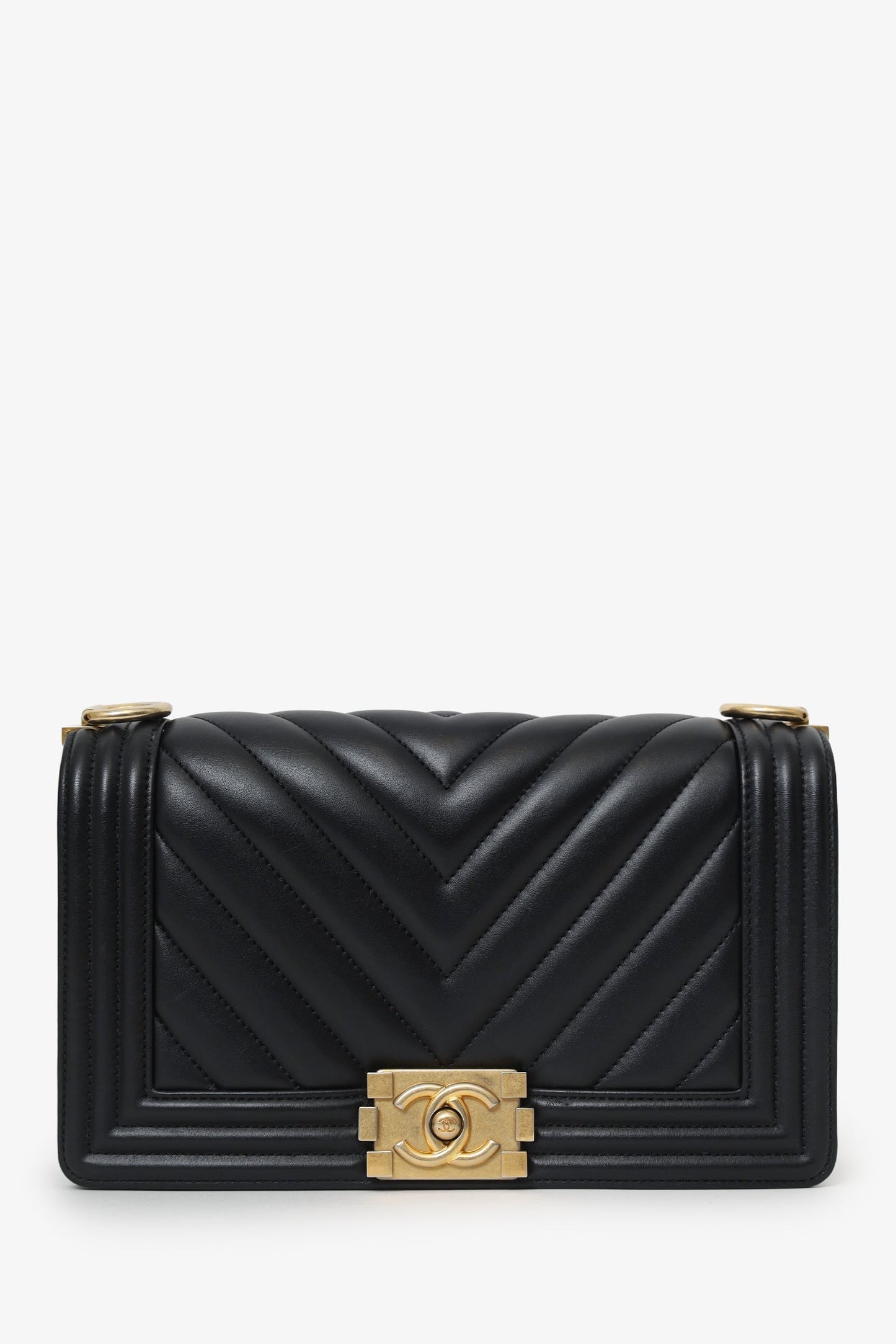 Chanel™ 2018 Black Leather Chevron Medium Boy Bag