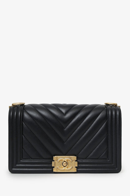 Chanel™ 2018 Black Leather Chevron Medium Boy Bag