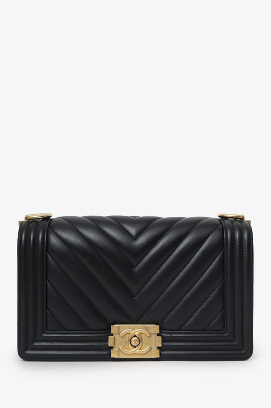 Chanel™ 2018 Black Leather Chevron Medium Boy Bag