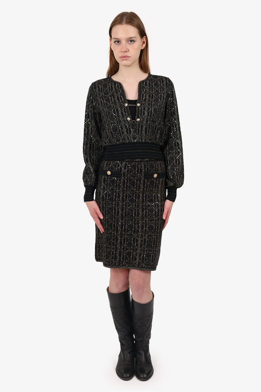 Chanel™ Black/Gold Wool Sequin Metallic Embroidered Cropped Long Sleeve Top +  Skirt Size 36