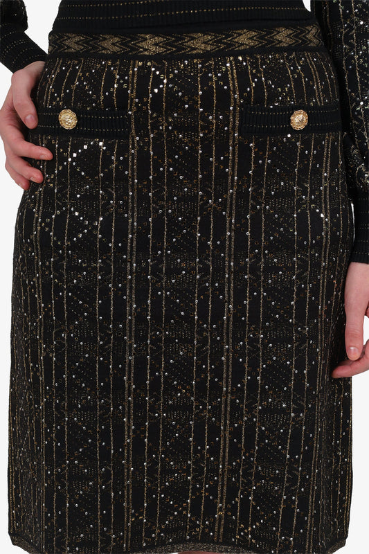 Chanel™ Black/Gold Wool Sequin Metallic Embroidered Cropped Long Sleeve Top +  Skirt Size 36