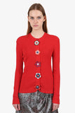 Fendi Red Ribbed Knit/Leather Flower Button Cardigan Size 42