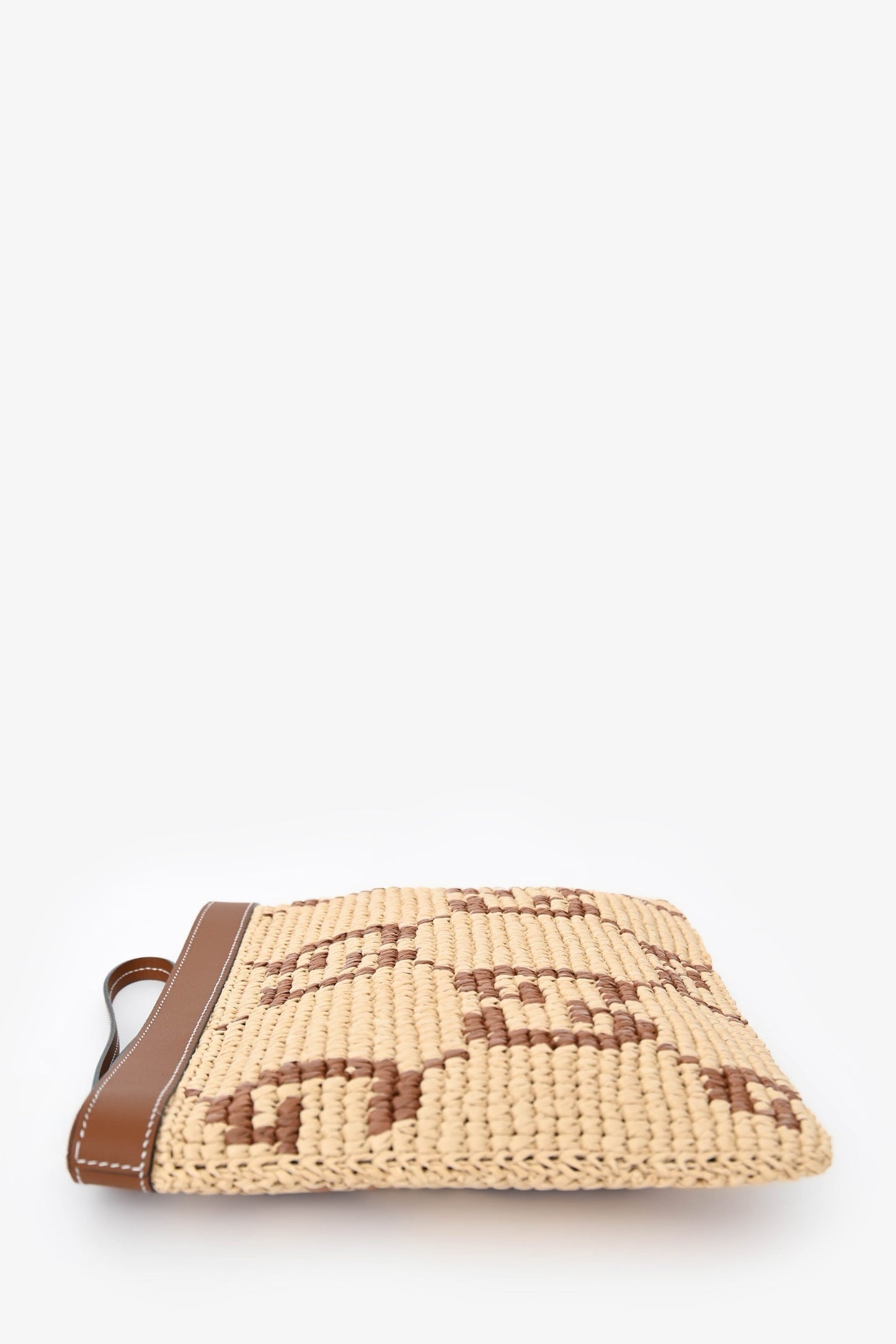 Gucci Brown Raffia Monogram Leather Trim Large Zip Wristlet