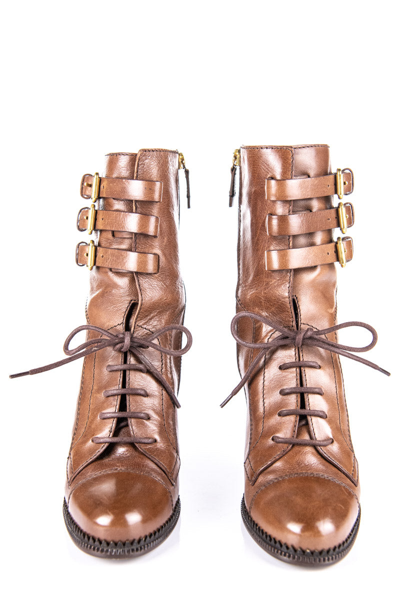 Burberry Brown Leather Riddle Lace-Up Ankle Boots Size US 8 | EU 38