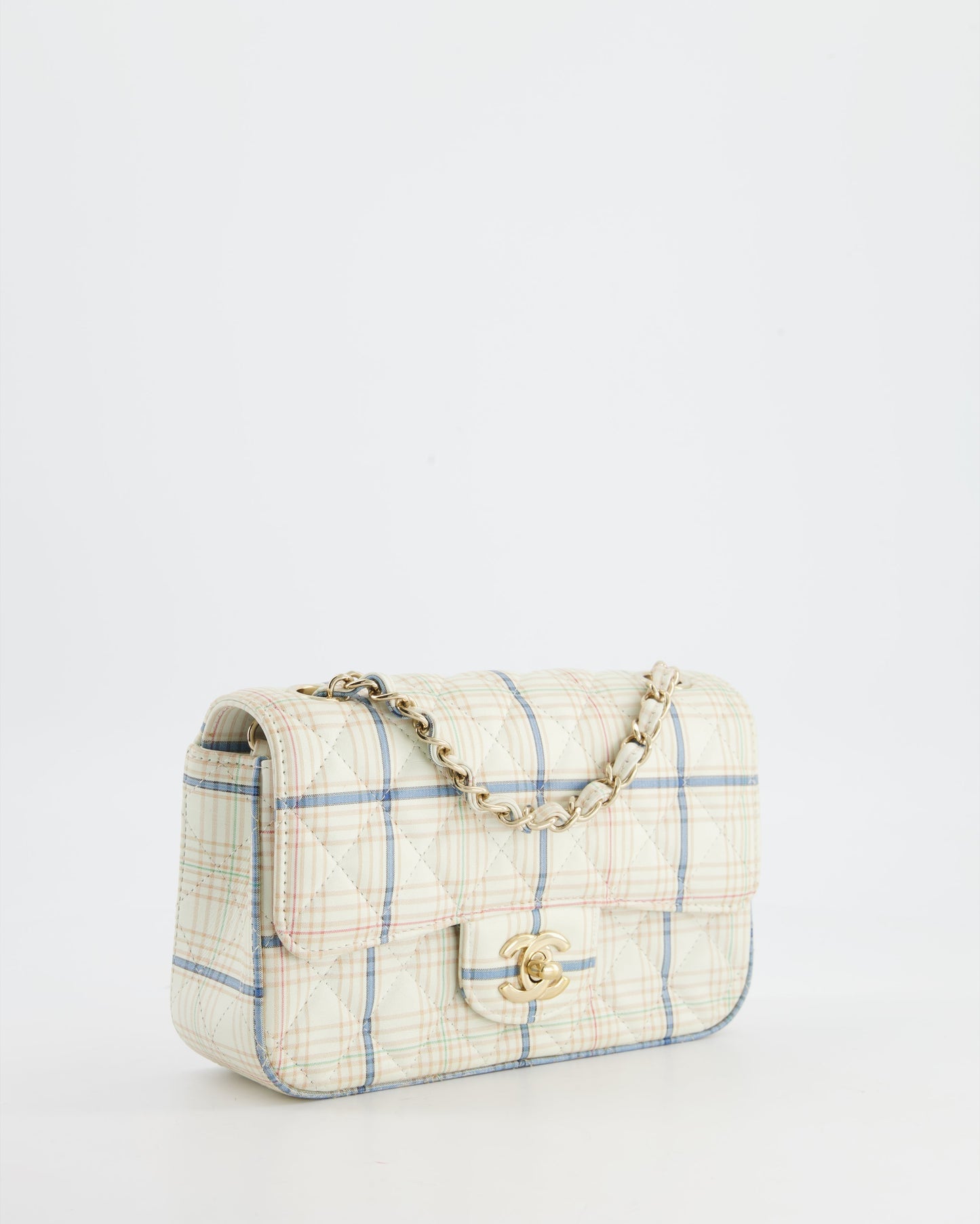 Chanel White Checked Lambskin Mini Flap Bag with Champagne Gold Hardware