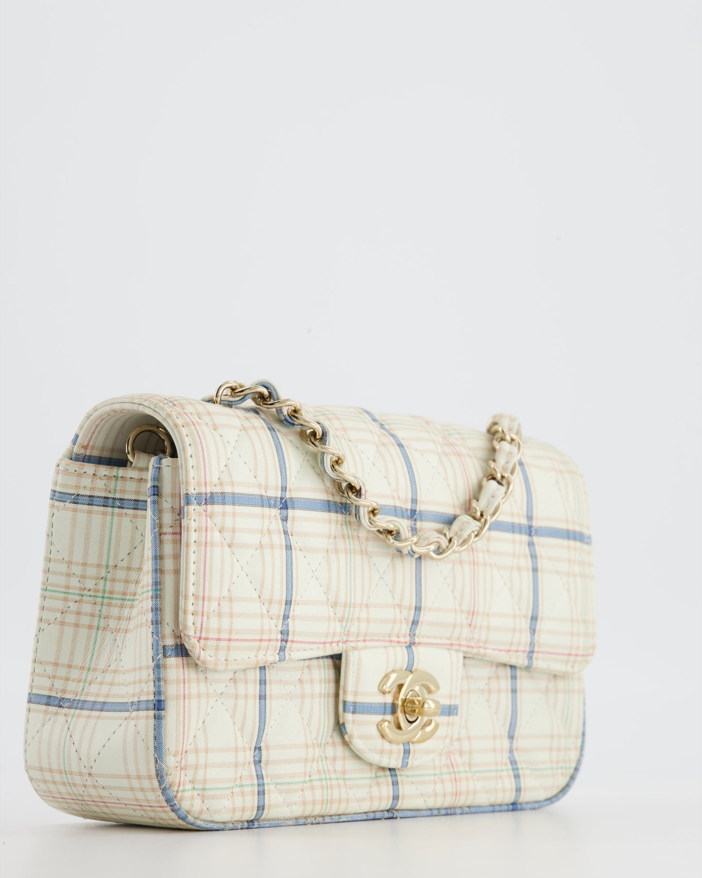 Chanel White Checked Lambskin Mini Flap Bag with Champagne Gold Hardware