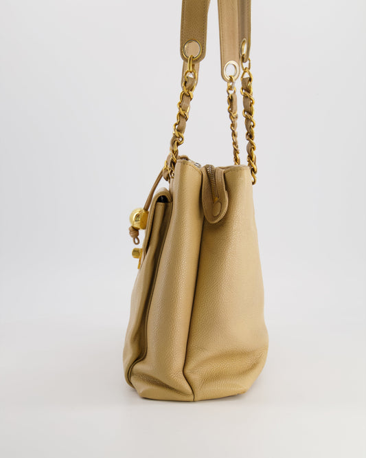 Chanel   Beige Caviar CC Logo Tote Bag with 24k Gold Hardware