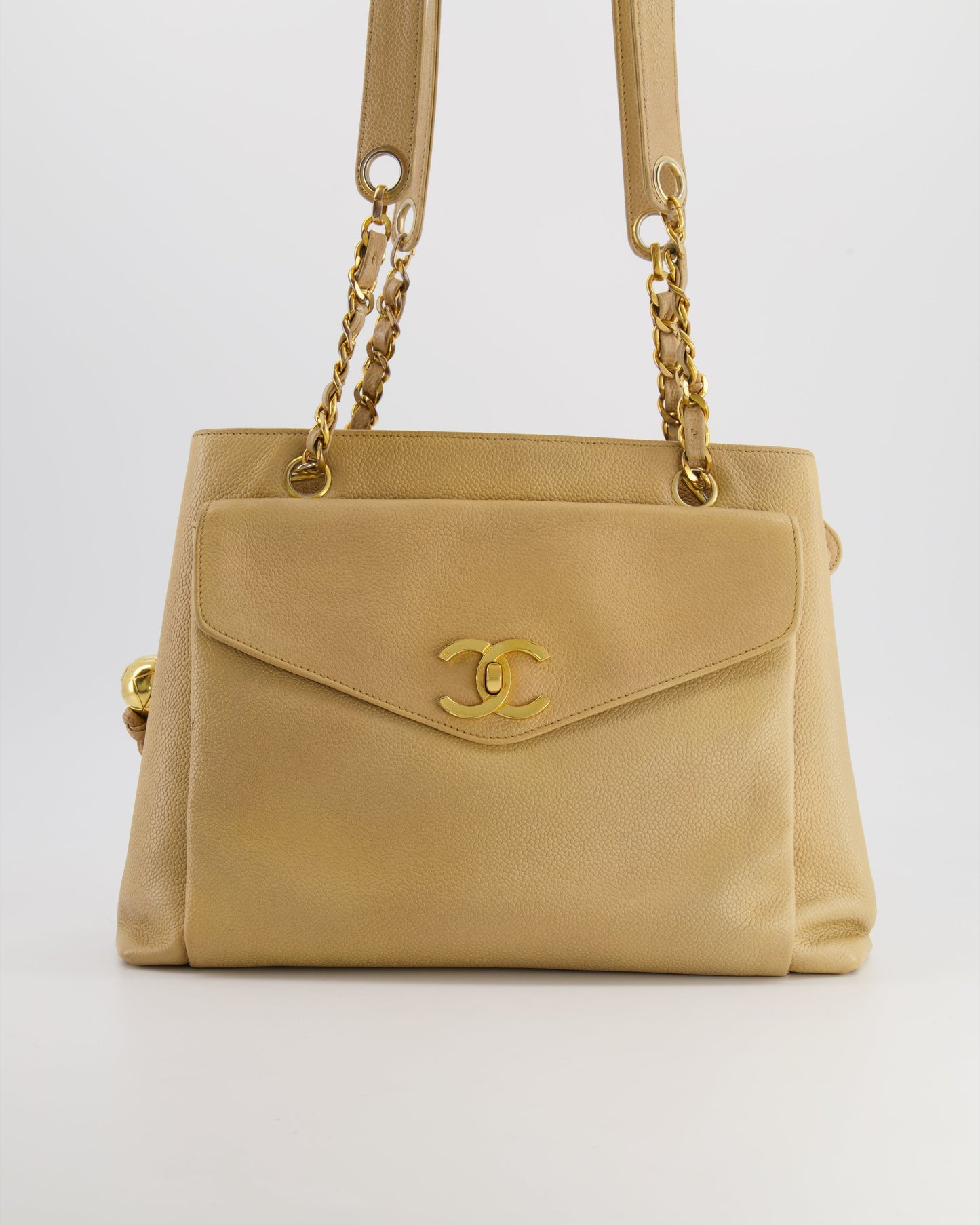 Chanel   Beige Caviar CC Logo Tote Bag with 24k Gold Hardware