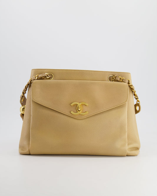Chanel   Beige Caviar CC Logo Tote Bag with 24k Gold Hardware