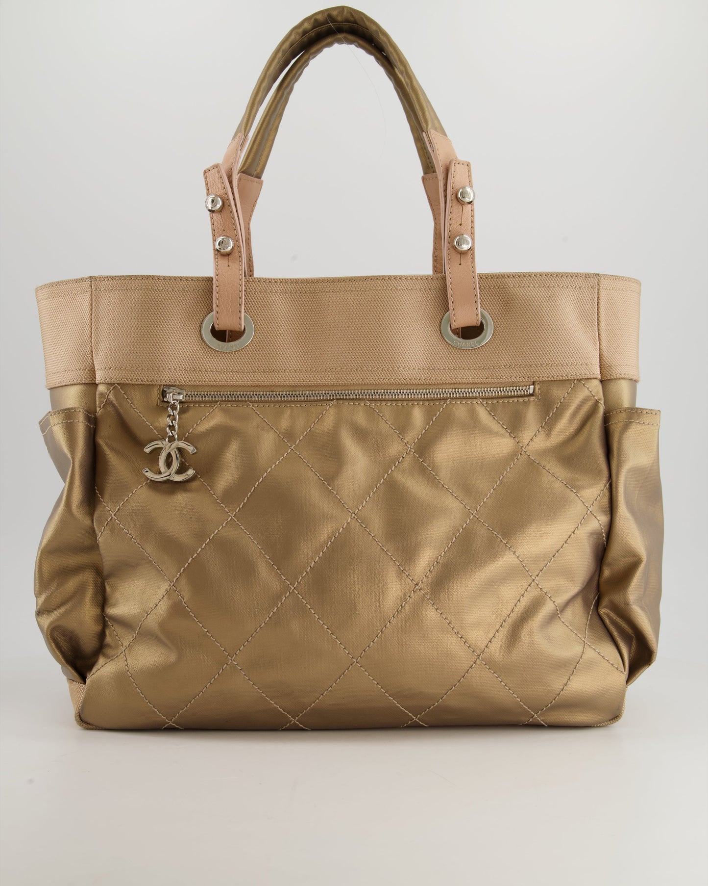 Chanel   Bronze Canvas Shopper Tote Bag with Silver Hardware