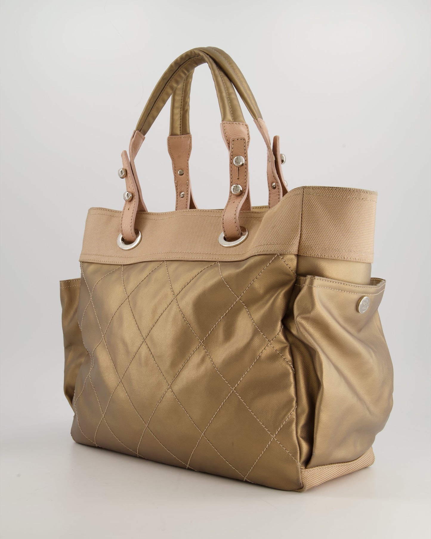 Chanel   Bronze Canvas Shopper Tote Bag with Silver Hardware